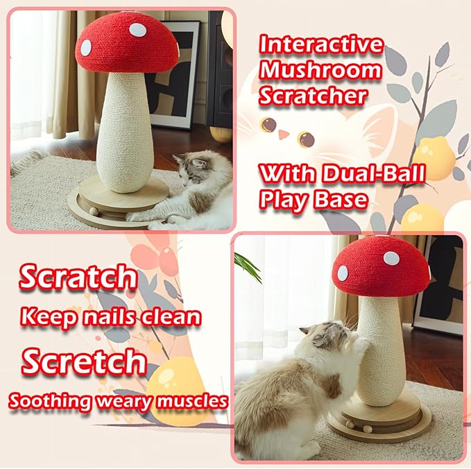 Cat Scratching Post Mushroom Cat Tree with Natural Sisal, Weighted Base &amp; Interactive Ball - for Kittens to Adult Cats - Perfect for Indoor Cats (Red, Large 21 in, 7)
