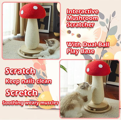 Cat Scratching Post Mushroom Cat Tree with Natural Sisal, Weighted Base &amp; Interactive Ball - for Kittens to Adult Cats - Perfect for Indoor Cats (Red, Large 21 in, 7)