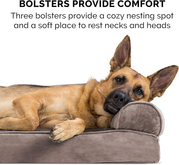 Furhaven Orthopedic Dog Bed for Large Dogs w/ Removable Bolsters &amp; Washable Cover, For Dogs Up to 125 lbs - Faux Fur &amp; Velvet Sofa - Driftwood Brown, Jumbo Plus/XXL