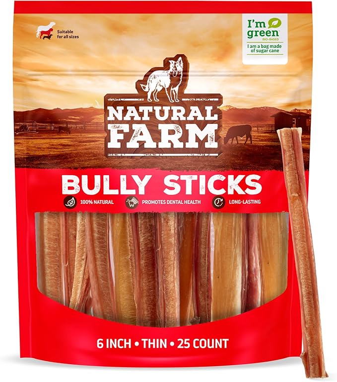 Natural Farm Odor-Free Thin Bully Sticks (6”, 25-Pack) All-Natural Long-Lasting Dog Chews, 100% Beef Pizzle, Grass-Fed, Grain-Free, Protein for Muscle Development &amp; Energy, Perfect for Medium Chewers