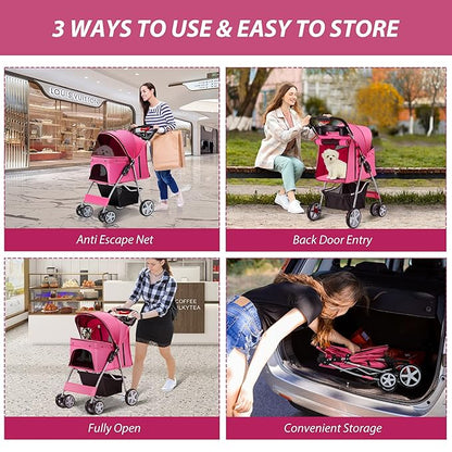4 Wheels Pet Stroller for Small Medium Dogs Cats 10-33 lbs, Foldable Dog and Cat Stroller with Cup Holder &amp; Storage Basket &amp; Breathable Mesh, Pet Strolling Cart for All-Season, Pink
