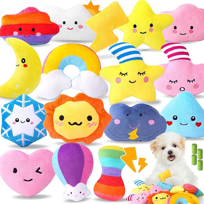 Irresistible Weather-Themed 20-Pack Squeaky Dog Toys Set for Small Dogs &amp; Puppies, Included 16 Plush Toys with Vibrant Characters to Keep Them Busy &amp; 4 Dog Bags