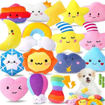 Irresistible Weather-Themed 20-Pack Squeaky Dog Toys Set for Small Dogs &amp; Puppies, Included 16 Plush Toys with Vibrant Characters to Keep Them Busy &amp; 4 Dog Bags