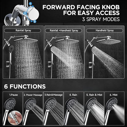 Veken Wide Rain Shower Head with Metal Main Body, High Pressure Showerhead with 6 Mode Handheld Spray Combo for Bathroom Accessories, Home Decor Detachable Dual Shower with Extension Arm,Silver Chrome