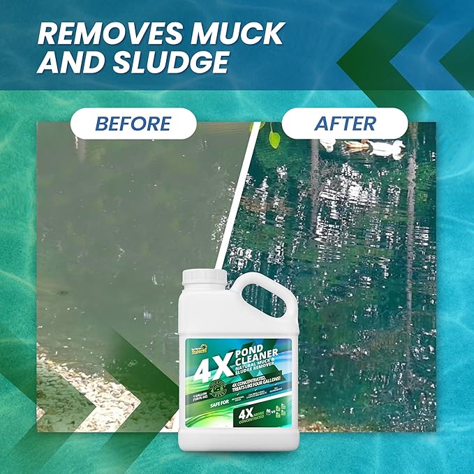 1 Gallon 4X Pond Cleaner - Treats Like 4 Gallons &amp; Covers 4 Acres - Pond Cleaner for Outdoor Ponds, Pond Muck and Sludge Remover for a Clean, Natural Look, Ideal Pond Clarifier for Outdoor Ponds