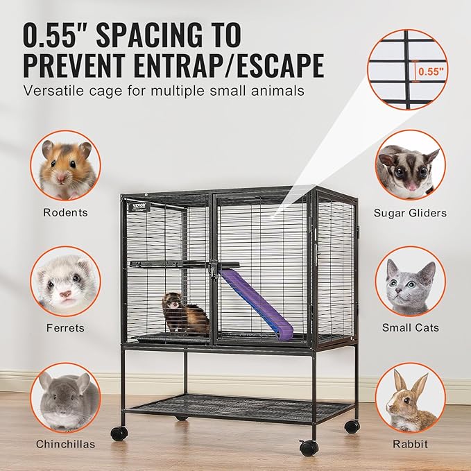 VEVOR 36" Rolling Metal Ferret Cage, Large 2-Tier Critter Nation Cage, Small Animal Cage with Ramps &amp; Tray, Easy to Set up for Pet Mice, Hamster, Guinea Pig, Chinchilla, Squirrel, Hedgehogs, Bunny