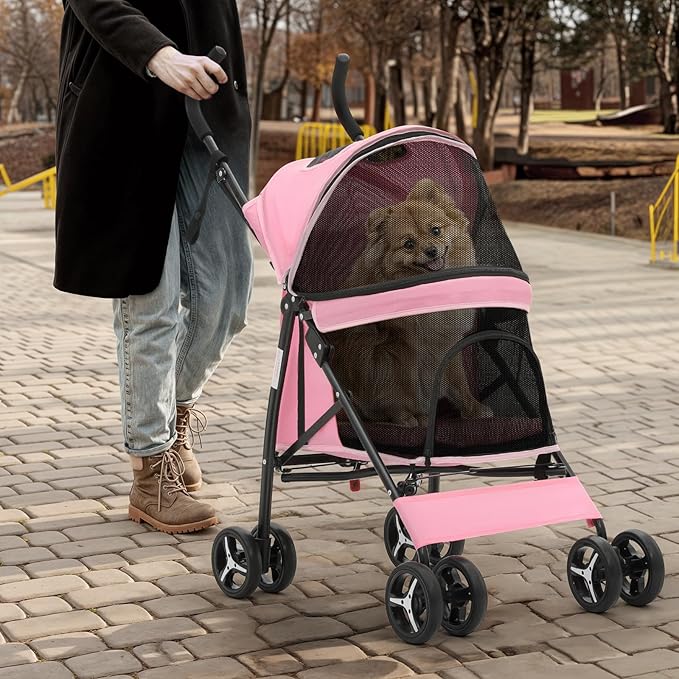 Magshion Compact Pet Stroller for Small-Medium Dogs/Cats up to 22lbs, 4-Wheel Lightweight Umbrella Shaped Portable Puppy Travel Jogger with Breathable Mesh &amp; Rear Storage, Pink