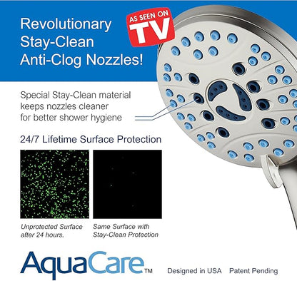 Hotel Spa AquaCare High Pressure 8-mode Handheld Shower Head - Anti-clog Nozzles, Built-in Power Wash to Clean Tub, Tile &amp; Pets, Extra Long 6 ft. Hose, Wall &amp; Overhead Brackets - 1.8 GPM
