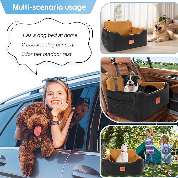 Dog Car Seat for Medium/Large Dogs,Dog Booster Seat for Dog Under 50lbs or 2 Small Dogs, Detachable and Washable Pet Car Seat,Multi-Functional Travel Dog Bed &amp; Dog Sofa(Black/Brown)