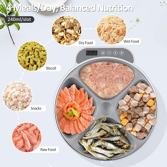 Automatic Cat Feeder Wet Food, Battery Operated Auto Wet/Dry Food Feeder with 2 Ice Packs, Cordless Programmable Timer Pet Auto Dispenser for Cat and Small &amp; Medium Dog (4-Meals &amp; Battery Included)