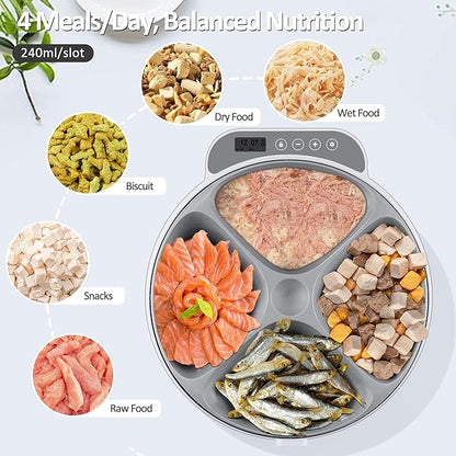 Automatic Cat Feeder Wet Food, Battery Operated Auto Wet/Dry Food Feeder with 2 Ice Packs, Cordless Programmable Timer Pet Auto Dispenser for Cat and Small &amp; Medium Dog (4-Meals &amp; Battery Included)