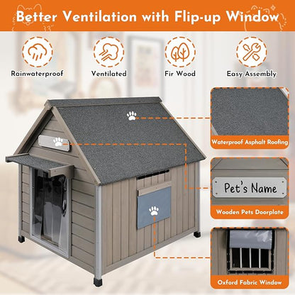 Outdoor Dog House Weatherproof Large Wooden Dog Kennel Indoor for Small Dogs with Chew-Proof Frame, Oxford Fabric Window, Removable Floor Pet Shelter (Grey, 30.5" D x 37.4" W x 39.3" H)