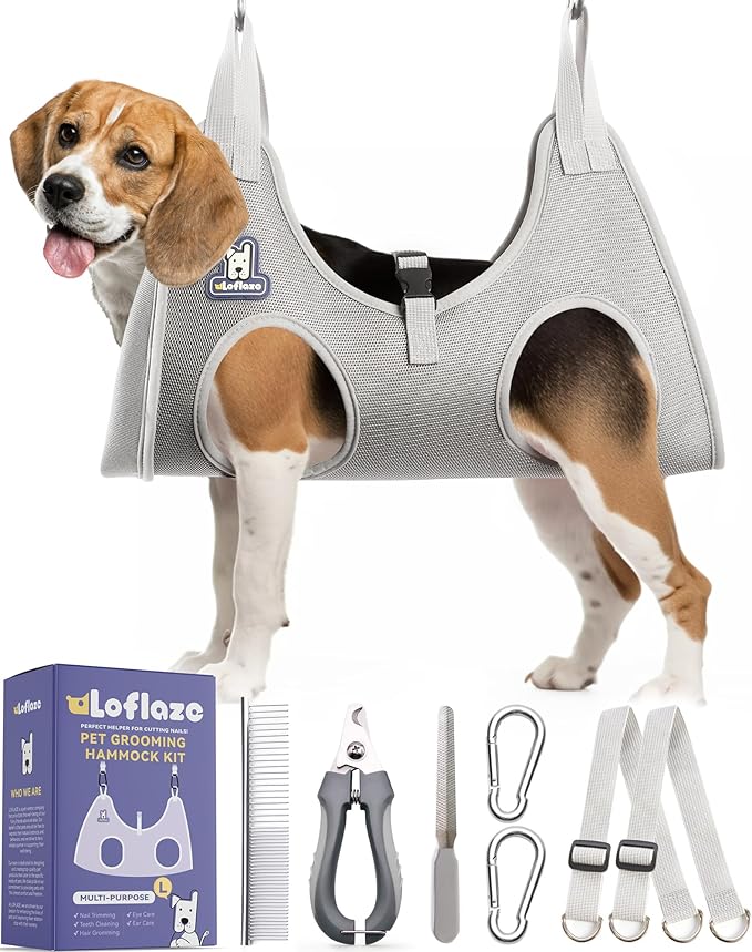 Dog Grooming Hammock Harness for Dogs &amp; Cats with Pet Nail Clipper Trimmer - Cat Hanger Sling for Trimming Clipping Nails- Dog Hammock Restraint Bag for Small Medium Large pet （ Grey L ）