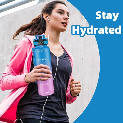 OLDLEY 32 oz Water Bottle, Motivational Water Bottle with Time Marker, Sports Water Bottle With Strap, Leakproof &amp; BPA Free Large Water Bottles for School, Gym, Travel, Outdoor, Tritan,Blue&amp;Purple