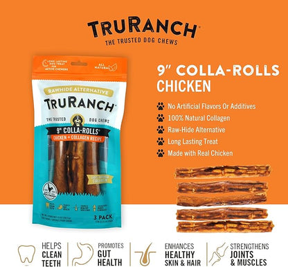 Collagen Rolls - 9" Collagen Rolls for Dogs - Long Lasting Healthy Joint Support Dog Treat - Rawhide Alternative - Skin &amp; Coat Health - Made with Real Chicken, 1 Bag, 3 Count