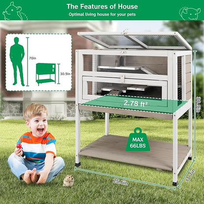 Guinea Pig Cages Wooden Hamster Cage Indoor with Stand and Storage Outdoor Small Animals Habitat with Metal Edges Ramps Hideout House,No Leak and Pull Out Tray, Easy Clean