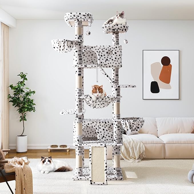 Allewie 81 Inches Tall Cat Tree/Multi-Level Large Climbing Tree House and Towers for Big Feline/Condo and Hammock/Scratching Post/Wide Base/White &amp; Black Spot