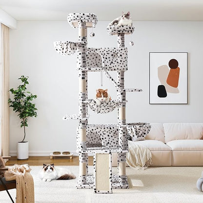 Allewie 81 Inches Tall Cat Tree/Multi-Level Large Climbing Tree House and Towers for Big Feline/Condo and Hammock/Scratching Post/Wide Base/White &amp; Black Spot