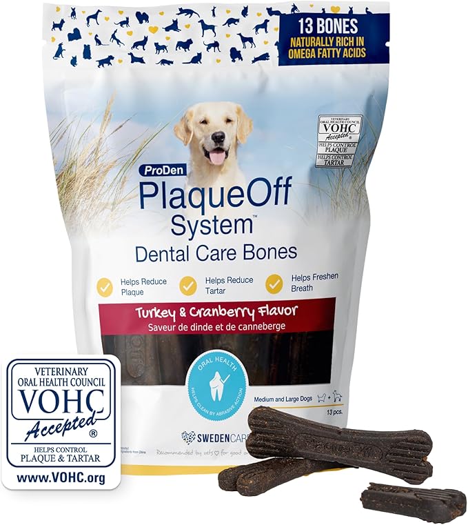 ProDen PlaqueOff System Dental Care Bones for Dogs - Dog Breath Freshener &amp; Plaque Remover - Dog Teeth Cleaning for a Healthy Mouth - Turkey Cranberry Flavor - 17 oz