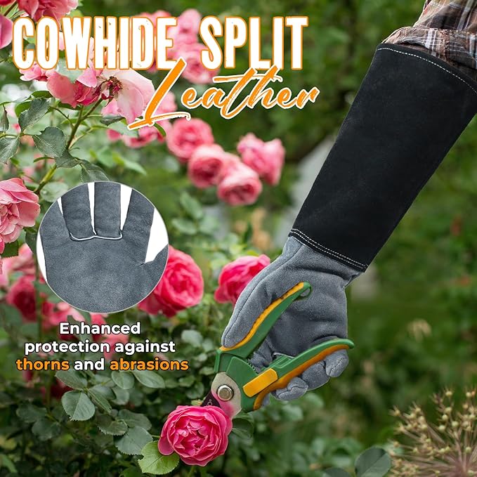 HANDLANDY Long Gardening Gloves for Men &amp; Women, Cowhide Leather Rose Pruning Gloves, Breathable Thorn Proof Gauntlet Glove (Dark Grey-Black, L)