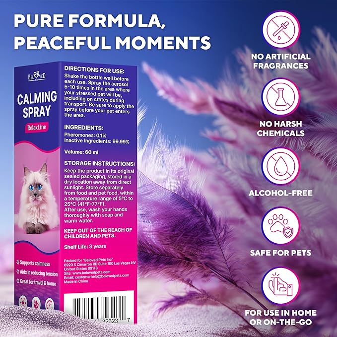 Calming Pheromone Spray &amp; Scratch Repellent for Cats - Reduces Scratching Furniture, Pee - During Travel, Fireworks, Thunder, Vet Zone - Helps with Stress, Fighting, Hiding (100 ml (2 pack))