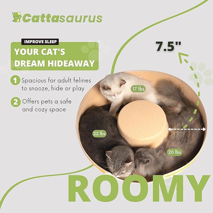 Cattasaurus Peekaboo Cat Cave for Multiple &amp; Large Cats Up to 30-45 Lbs, Scratch Detachable &amp; Washable Tunnel Bed, Comfy Donut Cat Cave (Pastel Macaron, Large)