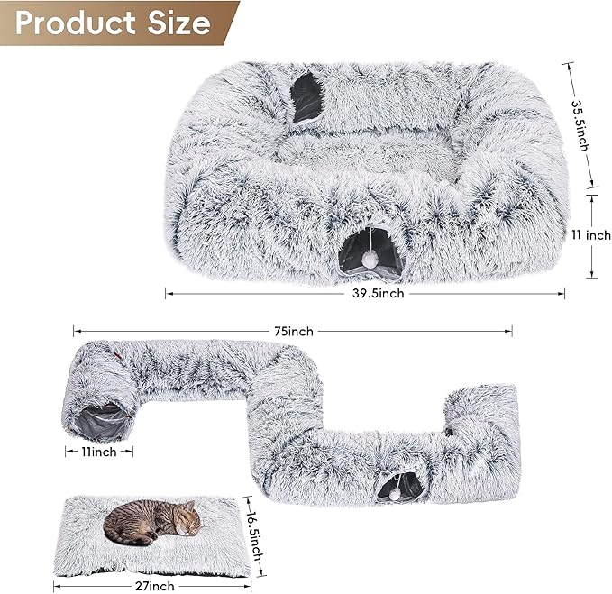 Extra Large Cat Tunnel Bed, 4 Ways Tunnels for Indoor Cats, Multi-cat Family Peekaboo Cave &amp; Cat Bed, Plush Cat Donut with Washable Middle Mat, Exit Balls, Pet Play Toy for Kitten Puppy Rabbit