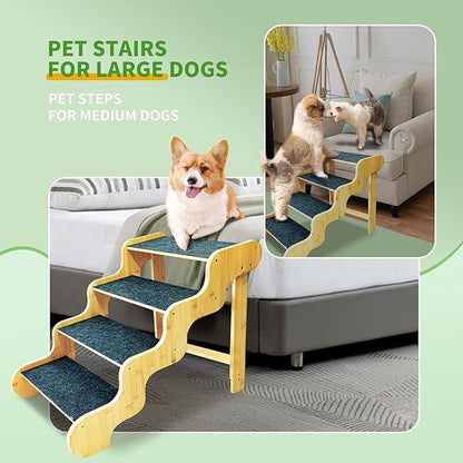 Dog Stairs for Large/Oldder Dogs,4 Steps Bamboo Wooden Pet Ramp for High Beds, Cars &amp; Couch Sofa - Supports Dog Up to 160 LB,20-inches High