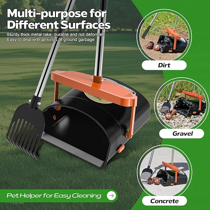 UPSKY Dog Pooper Scooper Swivel Bin &amp; Rake Kit with 100 Waste Bags,33.4" Stainless Steel Long Handle Heavy Duty Pet Poop Shovel for Large Medium Small Dogs, Odor-Proof Lid for Yard/Lawn/Outdoor Use