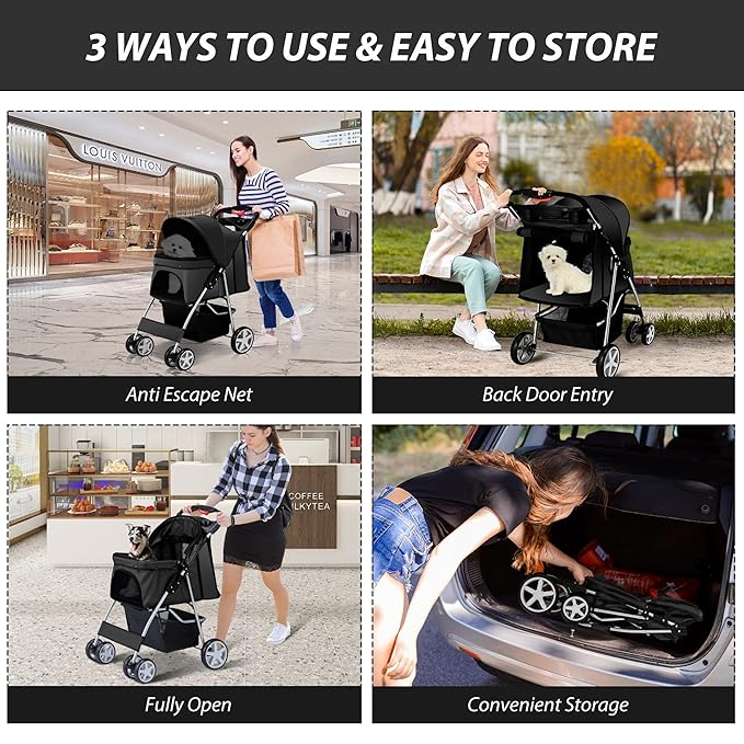 4 Wheels Pet Stroller for Small Medium Dogs Cats 10-33 lbs, Foldable Dog and Cat Stroller with Cup Holder &amp; Storage Basket &amp; Breathable Mesh, Pet Strolling Cart for All-Season, Black