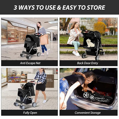 4 Wheels Pet Stroller for Small Medium Dogs Cats 10-33 lbs, Foldable Dog and Cat Stroller with Cup Holder &amp; Storage Basket &amp; Breathable Mesh, Pet Strolling Cart for All-Season, Black