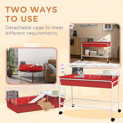 PawHut Two-Story Small Animal Cage Removable from Stand, Guinea Pig Cage with Shelf &amp; Wheels, Pet Habitat for Hedgehog, Chinchilla, Ferret, 39" x 20.5" x 36.5", Red