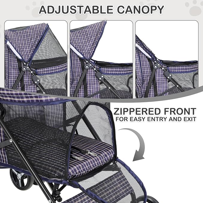 MoNiBloom 4 Wheels Pet Stroller, Easy-Fold Umbrella Shaped Dog Cat Jogger Stroller w/Storage Bag &amp; Visible Mesh for Small/Medium Dogs Cats Plaid