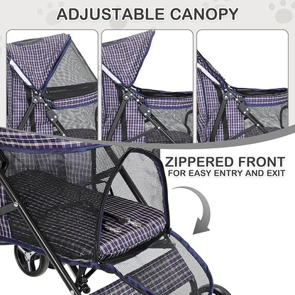 MoNiBloom 4 Wheels Pet Stroller, Easy-Fold Umbrella Shaped Dog Cat Jogger Stroller w/Storage Bag &amp; Visible Mesh for Small/Medium Dogs Cats Plaid