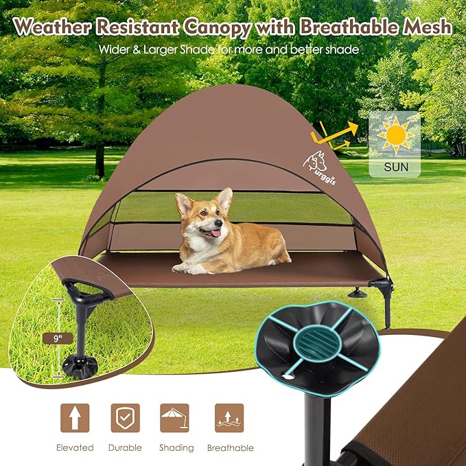 Upgraded Elevated Dog Bed with Canopy, Portable Raised Outdoor Dog Bed with Stable Anti-Slip Feet, Raised Wider Shade Pet Bed Cot for Large Dogs Camping, Indoor &amp; Outdoor Use