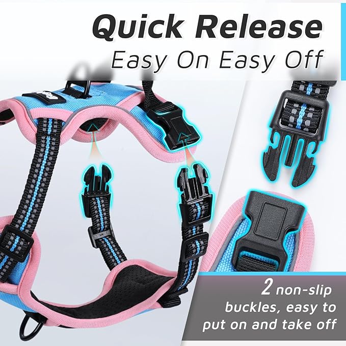 Eagloo Dog Harness for Large Dogs, No Pull Service Vest with Reflective Strips and Control Handle, Adjustable and Comfortable for Walking, No Choke Pet Harness with 2 Metal Rings, Pink &amp; Blue, L