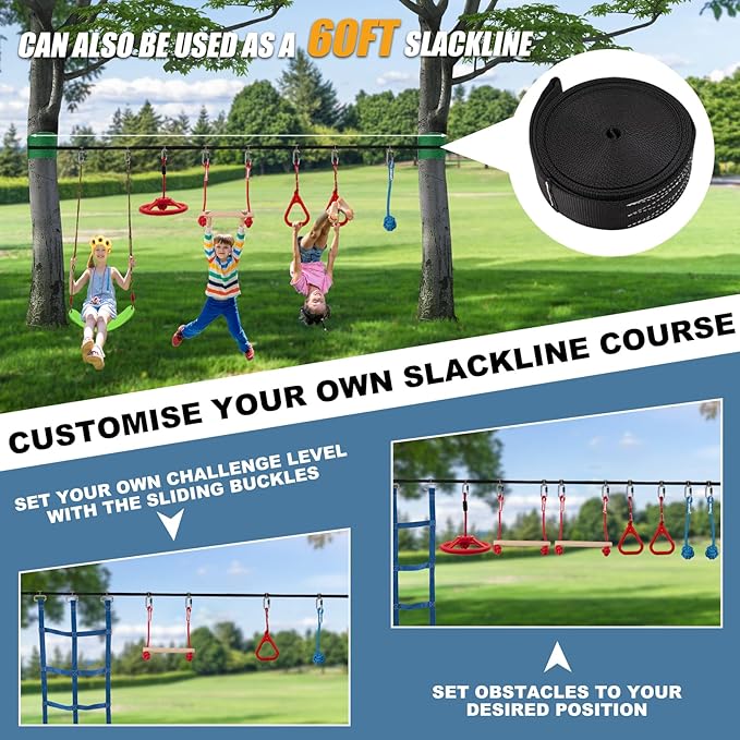 Slsy 60FT Ninja Warrior Obstacle Course (10 Obstacles), Ninja Slackline Kit for Kids, Durable Playset Equipment with 10 Complete Set-Monkey Bar,Swing, Climbing Ladder &amp; Net