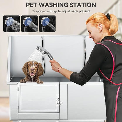 YITAHOME 50in Dog Grooming Tub Bathtub for Home 304 Stainless Steel Professional Dog Bath Washing Station w/Left Ramp, Faucet, Floor Grate for Large, Medium, Small Pets