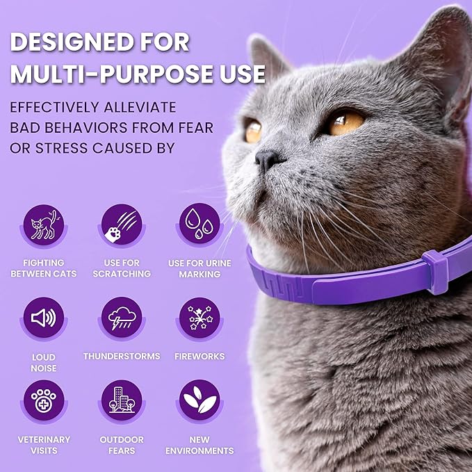 Calming Collar for Cats: Pheromone-Infused Behavior Support, Long-Lasting 30-Day Effect, Adjustable &amp; Waterproof, 4-Pack (Purple)
