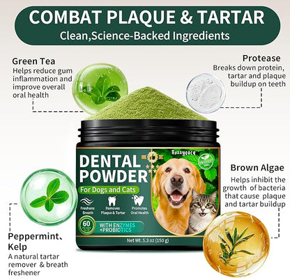 2 Pack Dog Dental Powder, Dog Teeth Cleaning Powder with Natural Herbal Blend &amp; Postbiotics, Dental Powder for Dogs Teeth, Targets Tartar &amp; Reduces Plaque &amp; Bad Breath for Dogs &amp; Cats, Mint -150Grams
