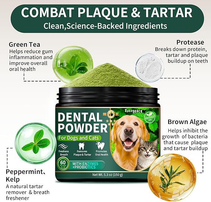 Dog Dental Powder, Dog Teeth Cleaning Powder with Natural Herbal Blend &amp; Postbiotics, Dog Teeth Cleaning, Targets Tartar &amp; Reduces Plaque &amp; Bad Breath for Dogs &amp; Cats, Mint -150Grams