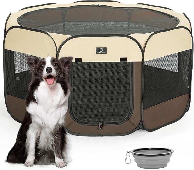 A4Pet Dog Playpen Indoor, 49” Pet Playpen with Bowl for Dogs, Kittens, and Small Animals, Removable Zipper &amp; Mesh Panel(19”W × 12”H)