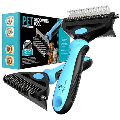 Spring Blossoms-2 in 1 Professional Grooming Rake for Cats &amp; Dogs-Dematting Comb for Easy Mats &amp; Tangles Removing,Pet Brush Safe No More Nasty Shedding and Flying Hair (Blue)