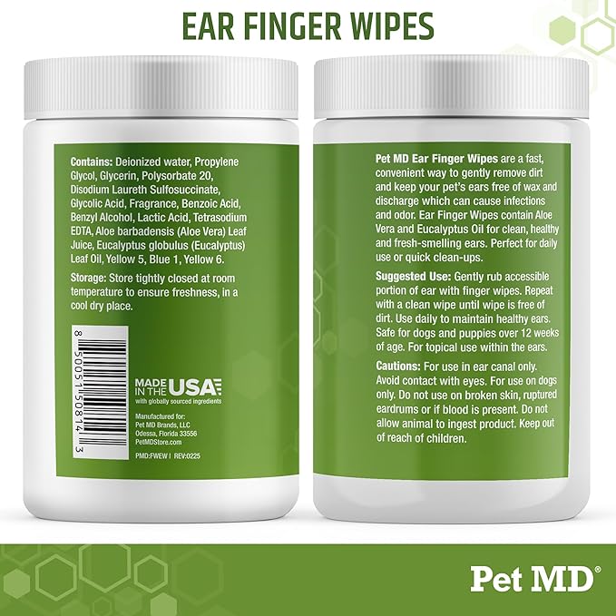 Pet MD Ear Finger Wipes for Dogs - Extra-Coverage and Large Design - with Eucalyptus and Aloe Vera for Dogs - Pet Ear Cleaning Finger Wipes &amp; Puppy Ear Cleaner - 50ct