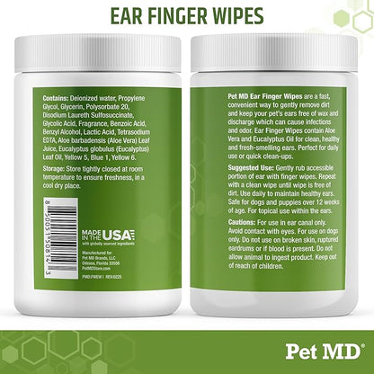 Pet MD Ear Finger Wipes for Dogs - Extra-Coverage and Large Design - with Eucalyptus and Aloe Vera for Dogs - Pet Ear Cleaning Finger Wipes &amp; Puppy Ear Cleaner - 50ct