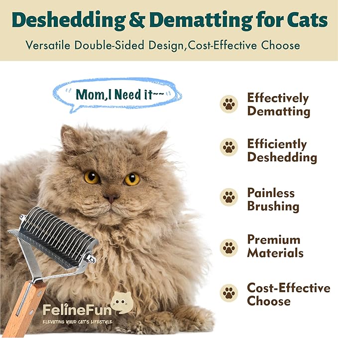 FelineFun Cat Brush for Dematting &amp; Deshedding, 2 in 1 Undercoat Rake, Efficiently Remove Loose Hair &amp; Matted Fur, Professional Shedding Comb for Indoor Cats &amp; Long Haired Cats