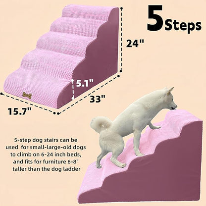 Dog Stairs &amp; Pet Ramp for Small/Large Dogs to High Beds/Couches - 5 Steps 24-inch Height for 18-30 inch Furniture, 2 Washable Covers (Pink, Grey), Non-Slip Balanced 33D Design for Old Dogs &amp; Cats