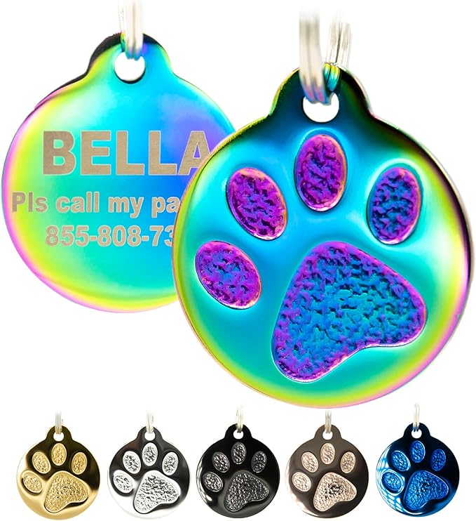 Engraved Pet Tag for Dogs and Cats - Personalized Front &amp; Back up to 4 Lines of Text Custom Engraved ID, Round Paw Print Solid Plating Stainless Steel Nebula Small