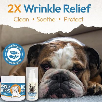Bulldog Wrinkle Wipes &amp; Cream Bundle - Deep Cleaning Wrinkle Wipes + Soothing Dog Wrinkle Cream - Hypoallergenic for Bulldogs, Pugs, Frenchies (100 Wipes + 85g Cream)