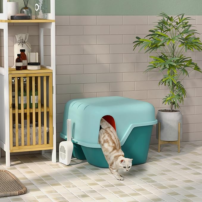 PawHut Cat Litter Box with Lid, Covered Kitty Litter Box Enclosure with Scoop, Openable &amp; Lockable Cover, Easy to Clean, Green